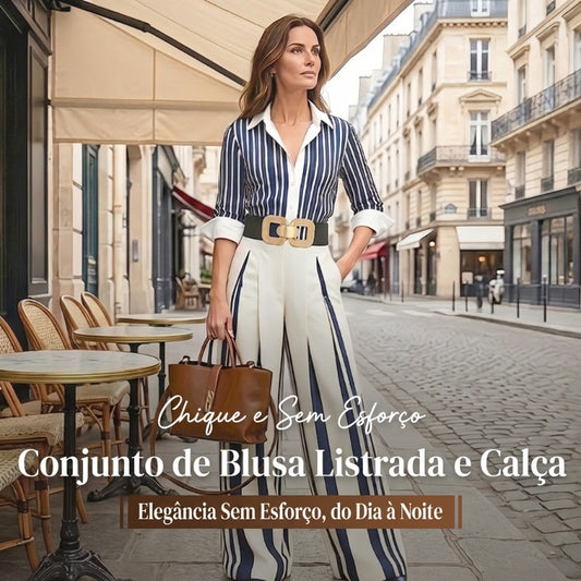 🎁Novidade: 50 % de desconto 💥 Conjunto de 2 peças para mulher: camisa às riscas e calças largas