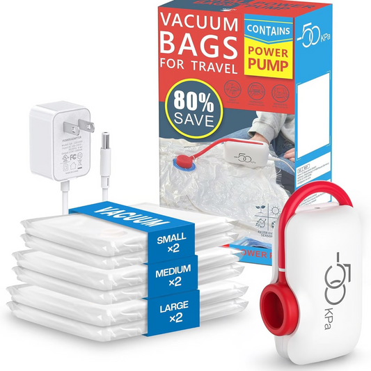 🔥 50% de Desconto Enquanto Estoque Durar! 🔥 Sacos para Seladora a Vácuo USB Elétrica – Economize 80% de Espaço, Reutilizáveis e Herméticos para Alimentos/Viajens 🍖✈️