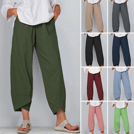 👖 Calça Vintage de Linho e Algodão com Cintura Elástica Assimétrica – Design Único, Conforto e Estilo Funcional para o Dia a Dia! 🌸✨