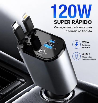 Carregador Veicular Retrátil 4 em 1 com Carregamento Rápido