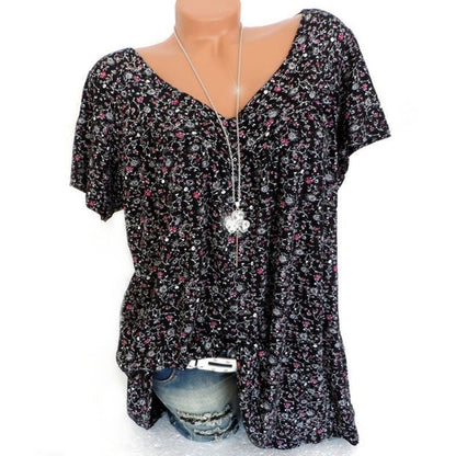 🌞Despertar da Primavera: 50% DE DESCONTO!🌸Blusa Feminina de Manga Curta com Estampa de Flores da Primavera: Decote em V e Corte Solto – Respirável, sem amassados e valoriza a silhueta, ideal para Primavera e Verão