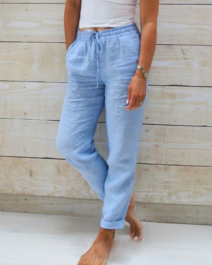 Calça feminina cintura elástica algodão linho perna larga🥰