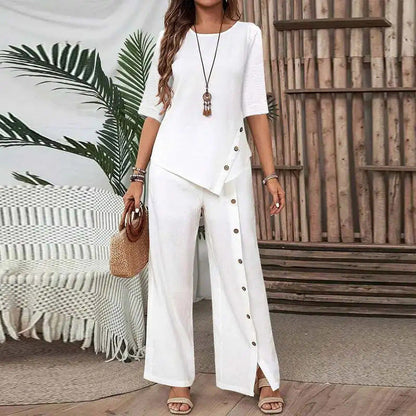 💎 -50% NO CONJUNTO CHIC DE 2 PEÇAS! 💎 Blusa com Barra Irregular e Calça Pantalona com Detalhe Exclusivo de Botões 👖✨