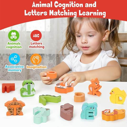🧠🧩 Jogo Educativo de Madeira com 26 Peças: Pareamento de Letras e Animais 👶💕