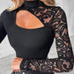✨ Lançamento 2026 – 50% OFF ✨ Blusa Feminina com Recorte Assimétrico e Manga de Renda – Ajuste Slim, Gola Alta e Detalhe Romântico com Decote nas Costas 👗🖤
