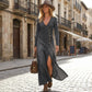 📢📢50% DE DESCONTO!! ⏰ Vestido longo com mangas compridas e decote em V para mulher – Tecido suave, corte elegante e silhueta maxi fluida 👗💃