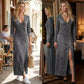 📢📢50% DE DESCONTO!! ⏰ Vestido longo com mangas compridas e decote em V para mulher – Tecido suave, corte elegante e silhueta maxi fluida 👗💃