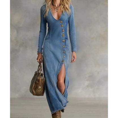 📢📢50% DE DESCONTO!! ⏰ Vestido longo com mangas compridas e decote em V para mulher – Tecido suave, corte elegante e silhueta maxi fluida 👗💃