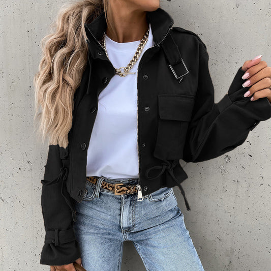 ⏰ 50% DE DESCONTO! 🧥 Jaqueta com gola alta, fecho de botões de pressão, cordão e bolsos – Estilo e conforto para o dia a dia! ✨🔥