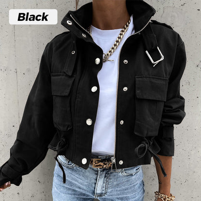 ⏰ 50% DE DESCONTO! 🧥 Jaqueta com gola alta, fecho de botões de pressão, cordão e bolsos – Estilo e conforto para o dia a dia! ✨🔥
