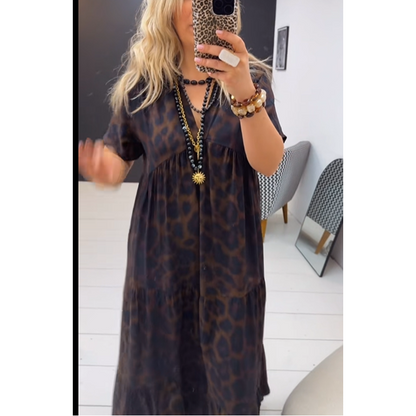 ⏰ 50% DE DESCONTO! 🌸 Vestido feminino longo com decote em V e estampa de leopardo – o seu item indispensável para o verão! ☀️🐆💃