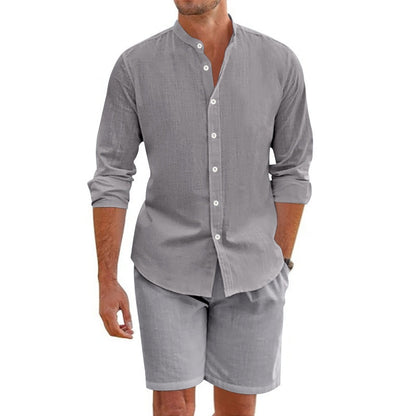 ⏰ 50% OFF! ✨ Conjunto de Linho Masculino de Duas Peças – Camisa e Short: Estilo e Conforto para Relaxar! 💫👕🩳