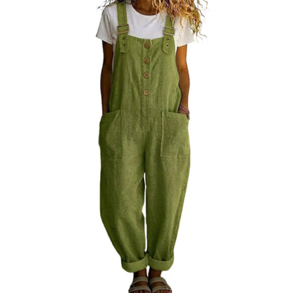 👖 OFERTA POR TEMPO LIMITADO: 50% DE DESCONTO! 🌿 Macacão casual feminino de corte largo – Fecho com botões na frente, bolsos fundos, estilo descontraído 🍃