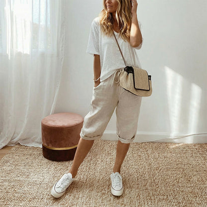 ⏰ 50% OFF! 🩳 Bermuda Casual de Algodão e Linho para Mulher – Fresca Leve e Perfeita para o Verão! ☀️🔥