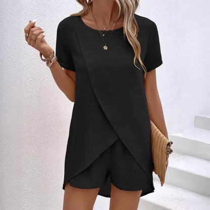 👚🩳 Conjunto de Duas Peças para Mulher: Blusa de Corte Assimétrico + Shorts em Cor Lisa – Estilo Moderno e Conforto no Dia a Dia! ✨🌸