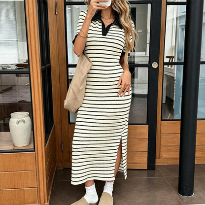 🌸👗 Vestido Feminino Estiloso Listrado Gola Clássica 🔥 Promoção 50% Off