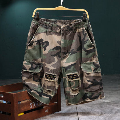 🎁Novidades de 2026 com 50% de desconto💥Shorts cargo masculinos com tachas e estampa camuflada – Efeito desgastado, vários bolsos e cintura elástica – Shorts cargo robustos de estilo urbano 🛹