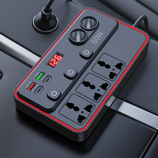 🚗 Carregador multifuncional para carro com tomadas elétricas e portas USB 🔌