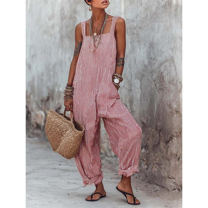 🎁Novidades de 2026 com 50% de desconto💥 Macacão casual feminino com alças finas e listras ✨