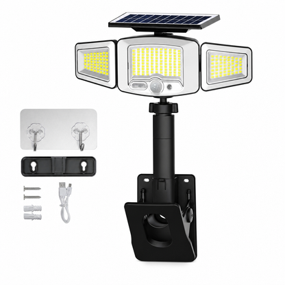 ☀️ Lâmpada Solar com Sensor de Movimento de 3 Cabeças – Iluminação Inteligente Onde Você Precisa! ✨🔦