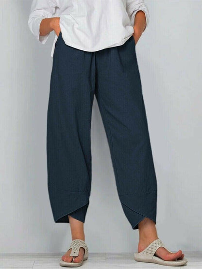 👖 Calça Vintage de Linho e Algodão com Cintura Elástica Assimétrica – Design Único, Conforto e Estilo Funcional para o Dia a Dia! 🌸✨